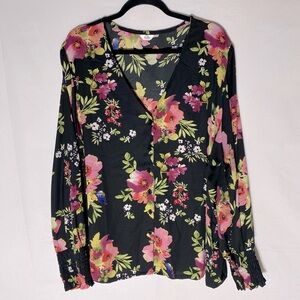 Dalia Black Pink Floral V Neck Button Front Blouse 3X